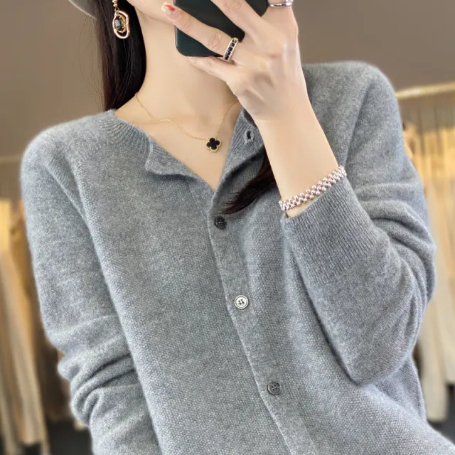 Women's Cashmere Cardigan O neck Loose Sweaters Top Fashion Merino Wool Knitwear Autumn Winter Female Clothing Tops Gray - Shop at LoveMi