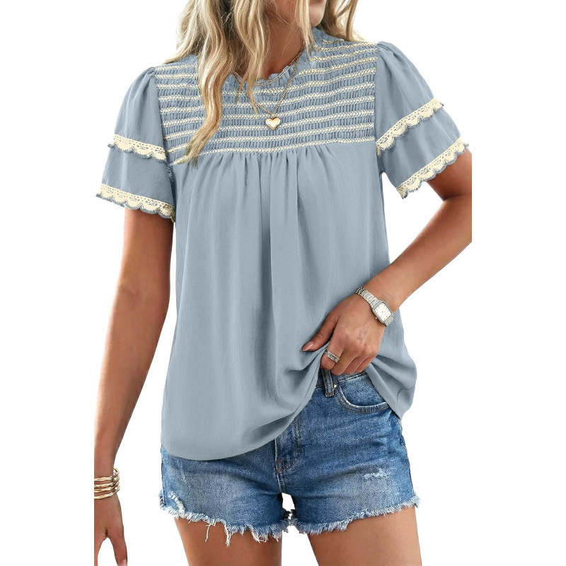 Womens Round-neck Ruffled Short-sleeve Blouse