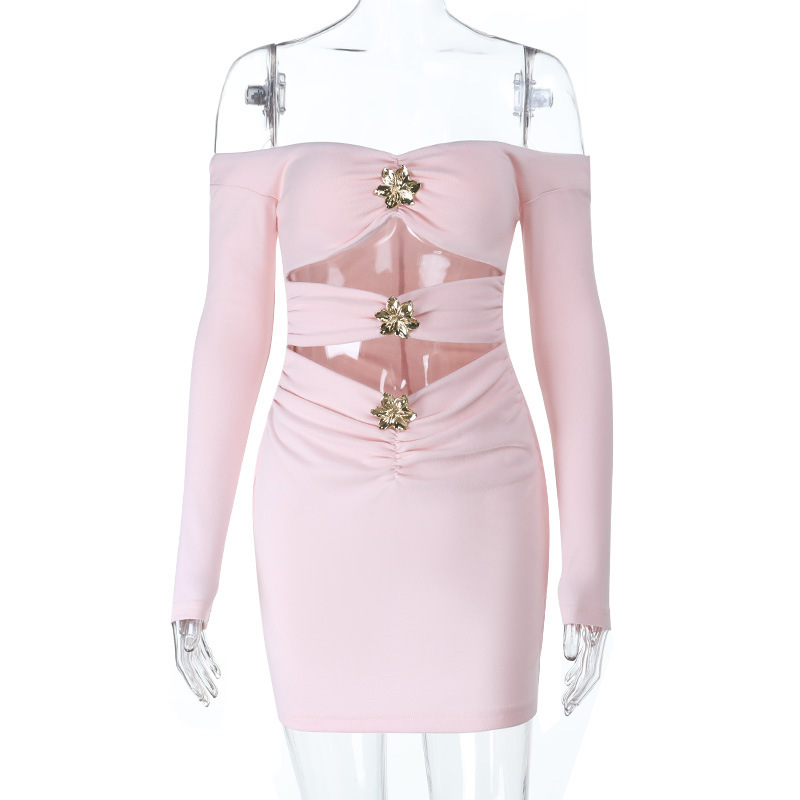 Pleated Metal Hollow out Floral Button One shoulder Dress Pink - Shop at LoveMi