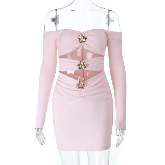 Pleated Metal Hollow out Floral Button One shoulder Dress Pink - Shop at LoveMi