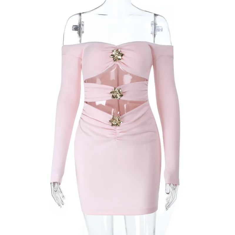 Pleated Metal Hollow-out Floral Button One-shoulder Dress - Pink