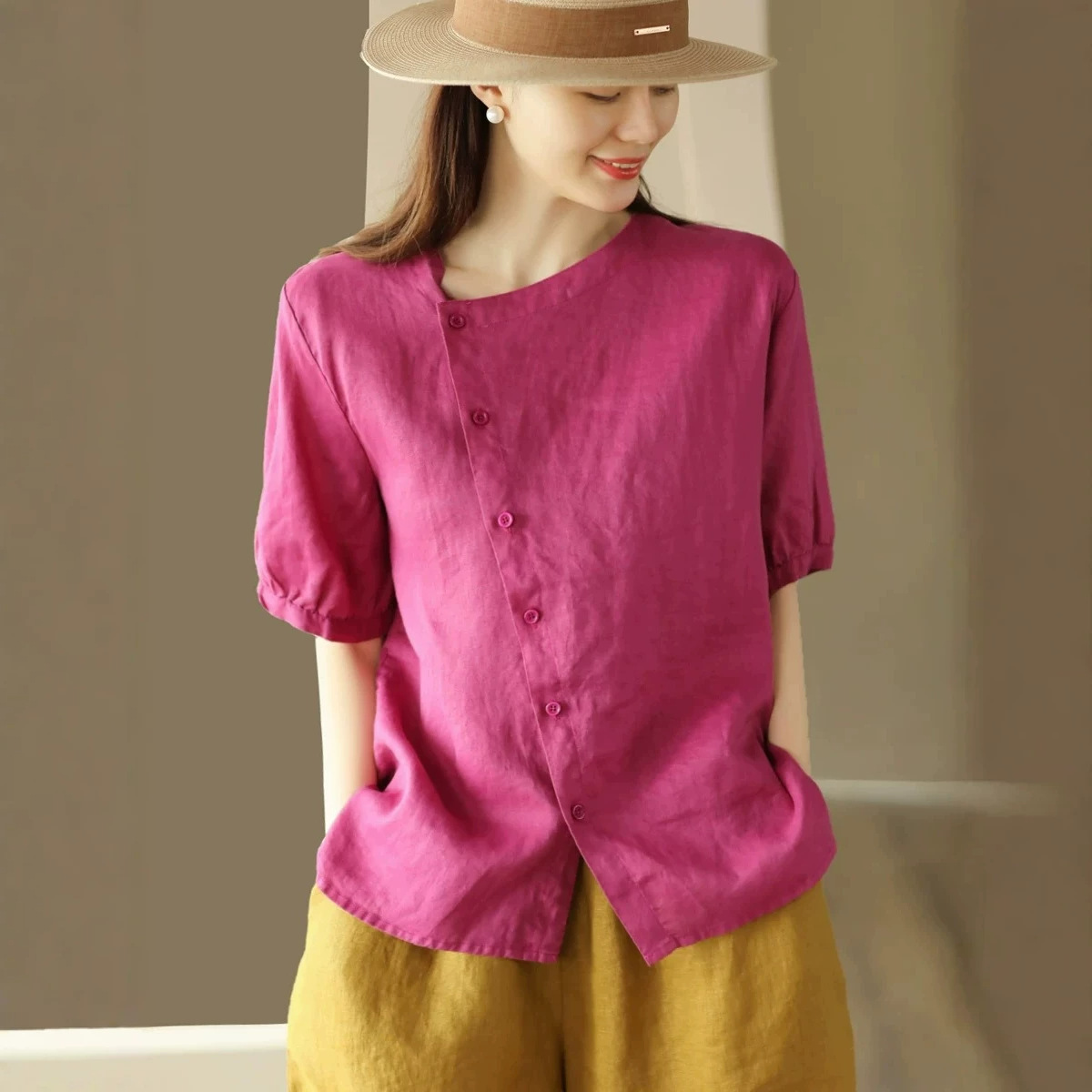 Womens Retro Single-breasted Button-up Top