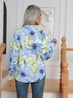 Fashion Printing Lantern Sleeve Shirt Women - Blue - View 1