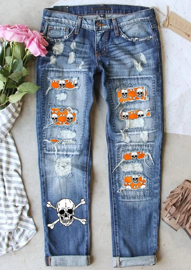 Women's Jeans Ripped Print Patch Skull Printing 005258 - Shop at LoveMi