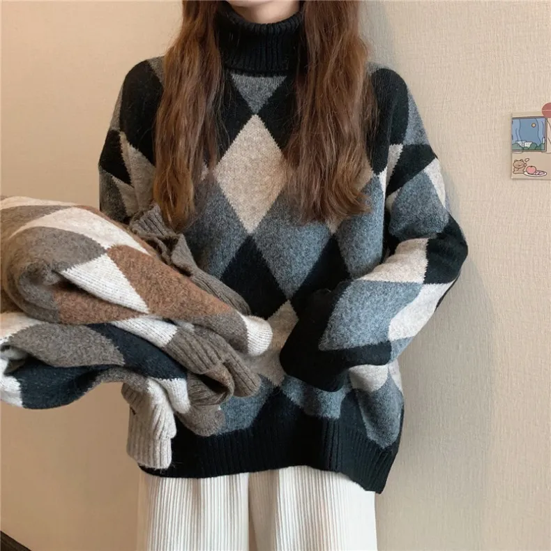 Korean Style Retro Lazy Style Diamond Plaid Colorblock Thick Warm Loose Turtleneck Sweater - Black