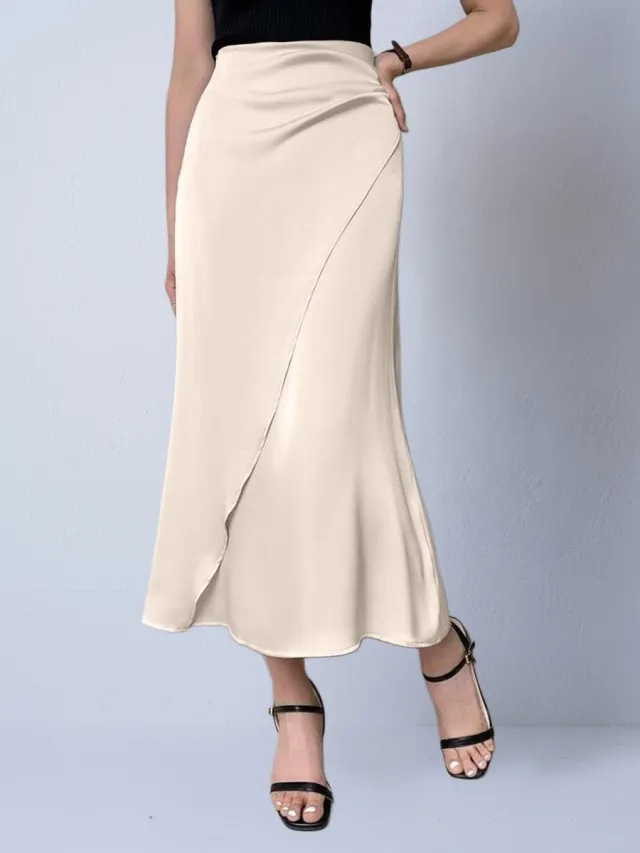 Autumn New Faux Silk Midi Skirt Satin Apricot - Shop at LoveMi