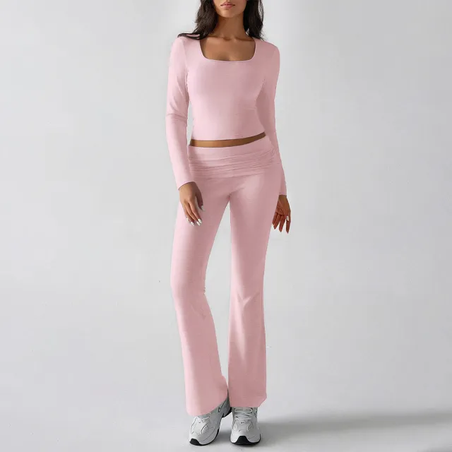 Casual Knitted Long sleeved Top Yoga Top Pants Pink - Shop at LoveMi