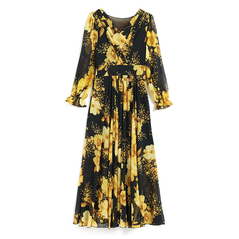 Plus Size Chiffon V-neck Long Sleeve Waist Slimming Printed Western Style Long Skirt