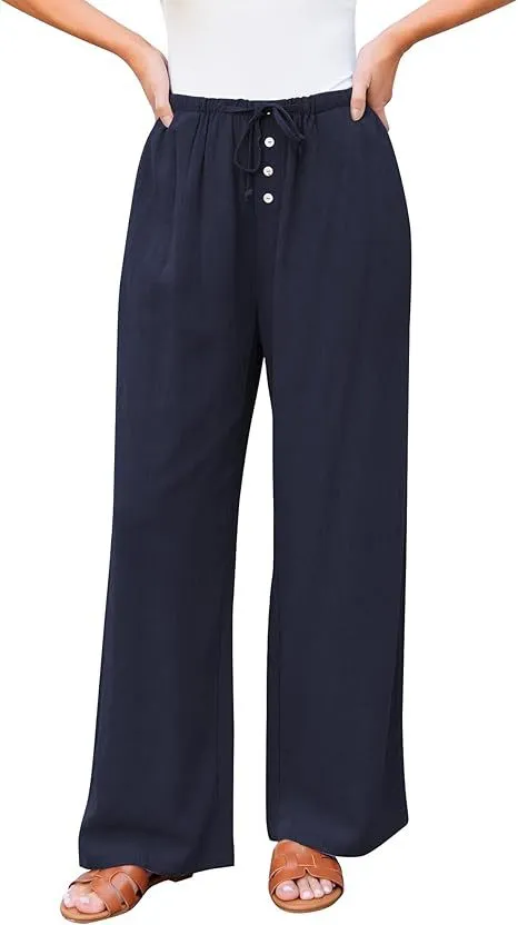 High Waist Button Drawstring Loose Casual Summer Wide leg Pants With Pockets Navy Blue - Shop at LoveMi