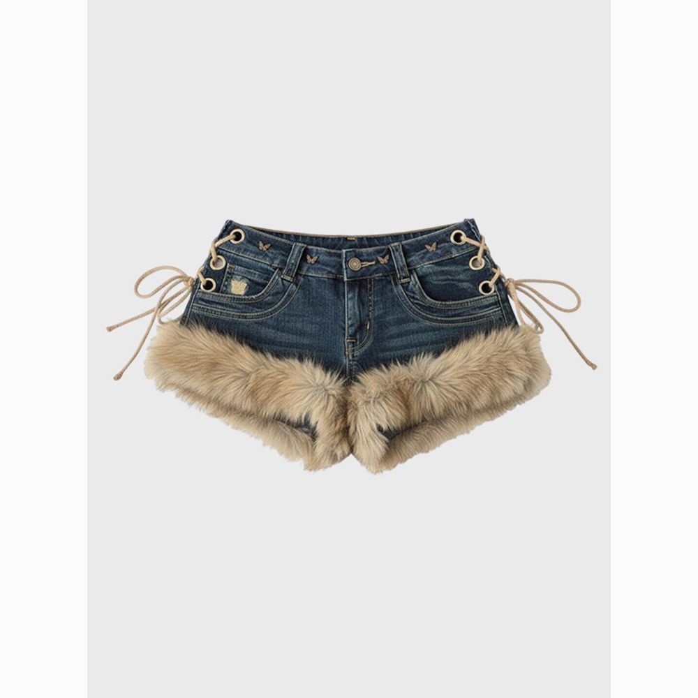Womens Stylish Furry Patchwork Micro Shorts