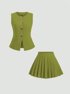 Solid Colour Skirt Outfit High-grade Sleeveless Two-piece Vest Set - Green - View 1