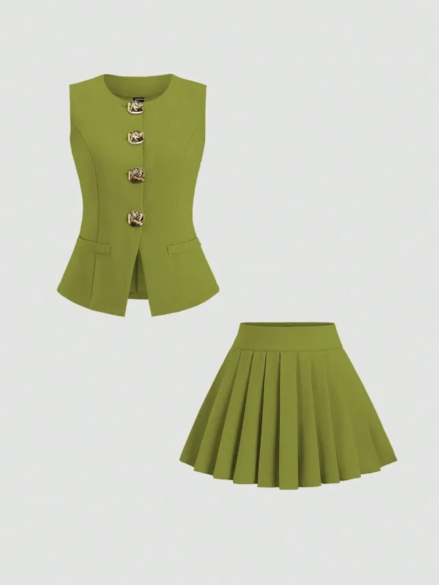 Solid Color Skirt Outfit High grade Sleeveless Two piece Vest Set Green - Shop at LoveMi