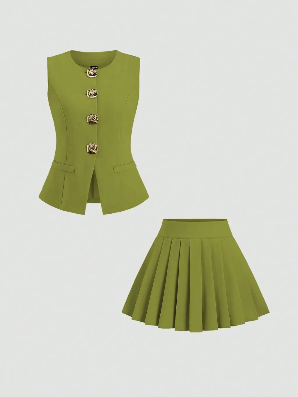 Solid Color Skirt Outfit High-grade Sleeveless Two-piece Vest Set - Green