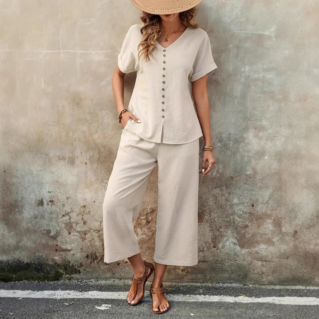 Two-piece Solid-color Top And Pants Set