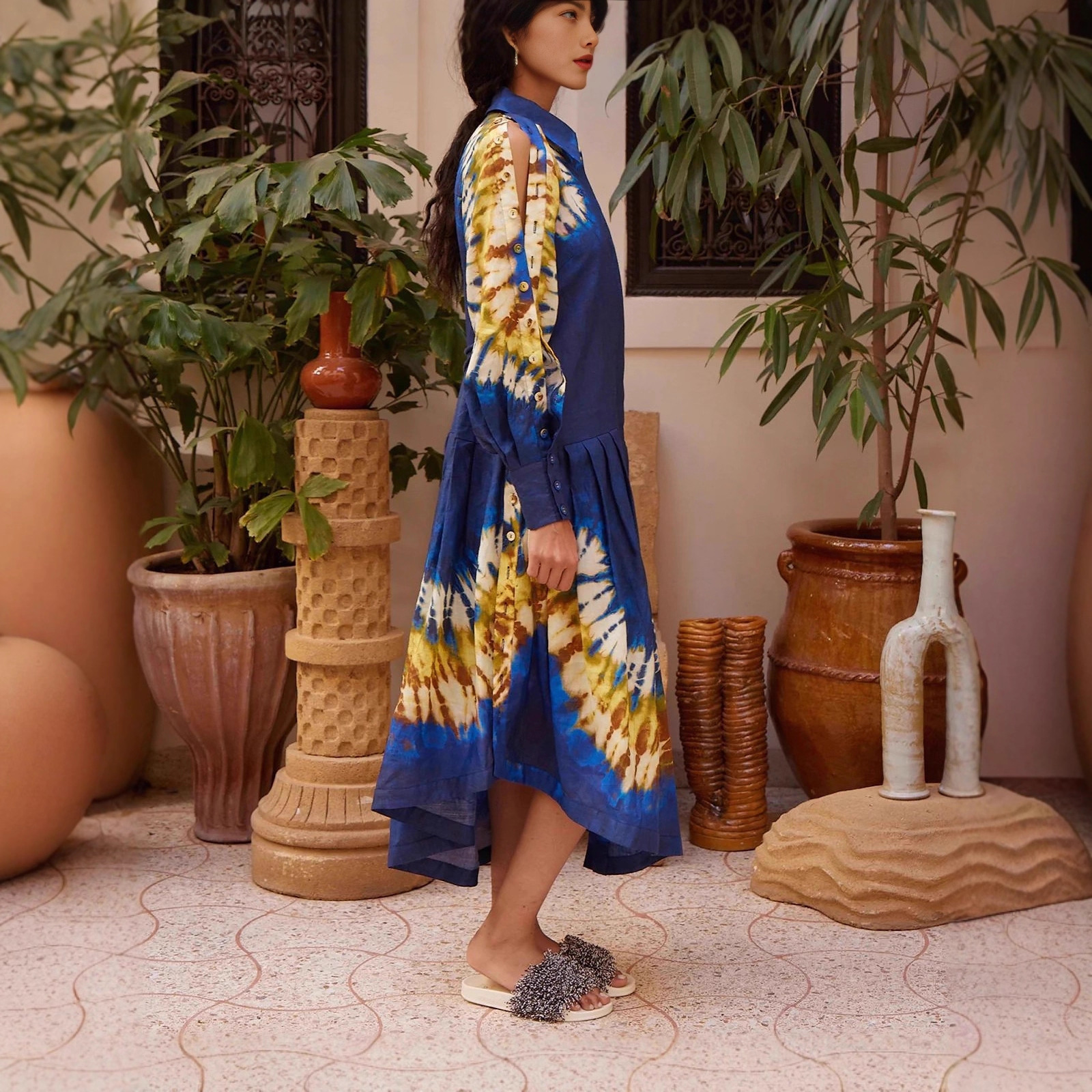 Elegant linen printed dress for women (blue-s)