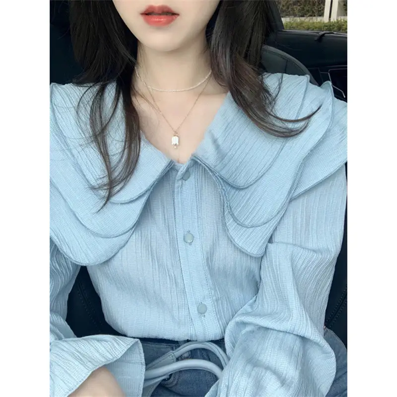 Chic Blue Doll Collar Shirt Design