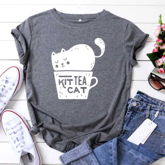 Casual KIT TEA CAT Printed Round Neck Plus Size Short Sleeve Dark Gray White - Shop at LoveMi