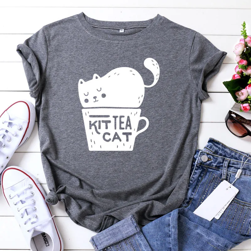 Casual KIT TEA CAT Printed Round Neck Plus Size Short Sleeve - Dark Gray White