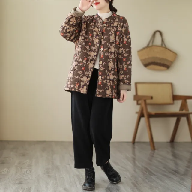 Floral Stand Collar Loose And Warm Cotton padded Coat Brown - Shop at LoveMi
