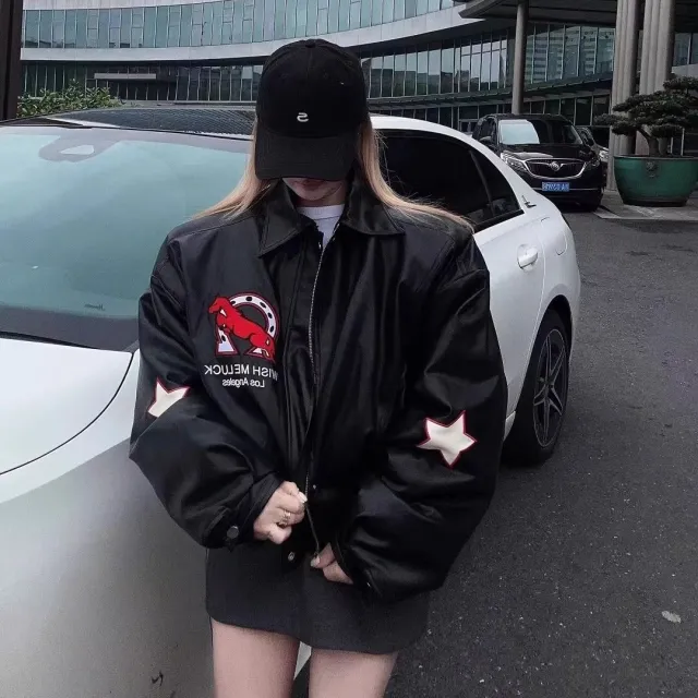 Men's And Women's Embroidered Letters Padded Jacket Black Pu Leather - Shop at LoveMi