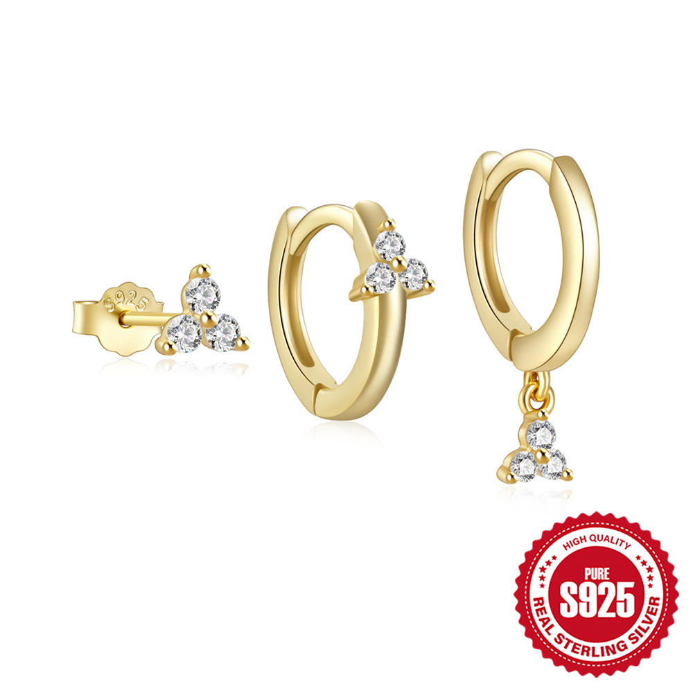 S925 Sterling Silver Fashion Simple Mini Geometric Glossy Round Eight-pointed Stars Single Row Zircon Set Earrings