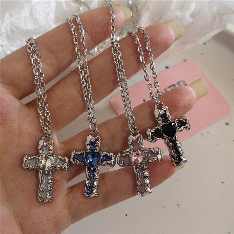 Gothic Aesthetic Zircon Cross Pendant Chain Choker Necklace