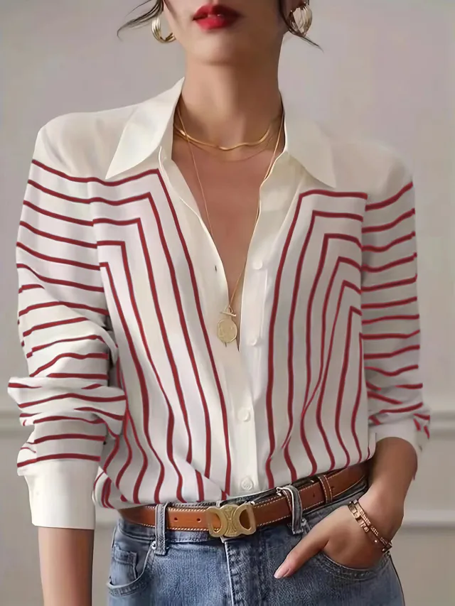 Autumn Striped Shirt Women's Long Sleeve Loose Silk Top Rose Red - Shop at LoveMi