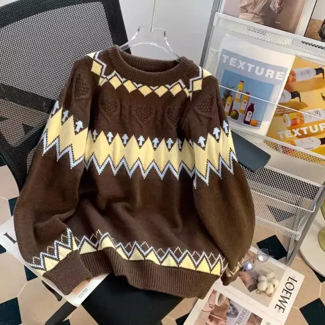 Loose Korean Style Rhombus Knitted Top Brown - Shop at LoveMi