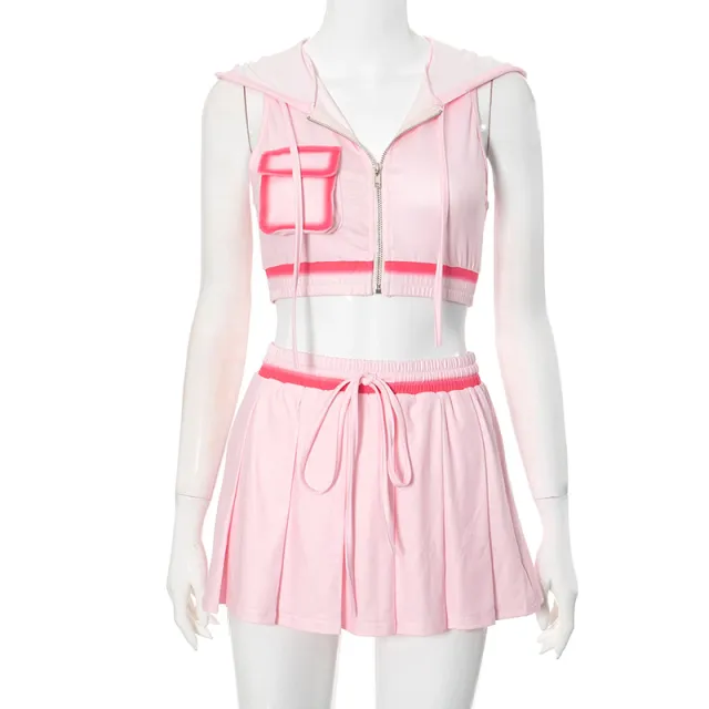 Women's Casual Zipper Lace Up Short Skirt Set Pink - Shop at LoveMi