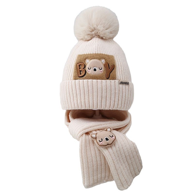 Children Hat Women’s Knitted Keep Baby Warm Cartoon Bear Two-piece Set