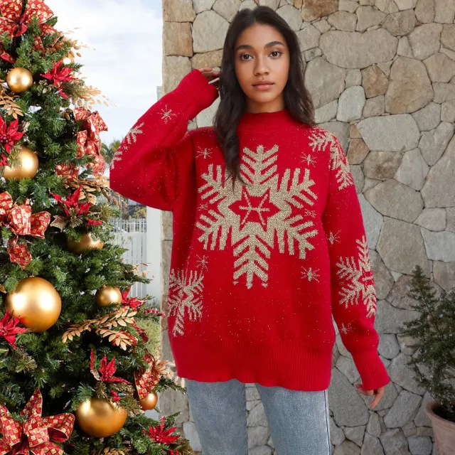 Women's Sweater Gold Thread Snowflake Half Turtleneck Jacquard Loose fitting Red - Shop at LoveMi