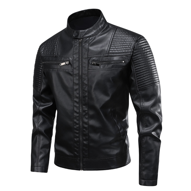 Mens Stand-Up Collar Leather Jacket Slim-Fit Leather Biker Coat For Men