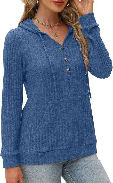 Solid Color Long Sleeve Hoodie Brushed Bedford Cord Sweater Light Blue - Shop at LoveMi