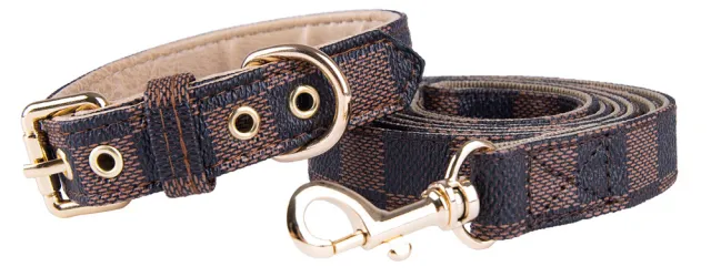 Pet Dog PU Collar Leash Set Coffee Plaid Style - Shop at LoveMi