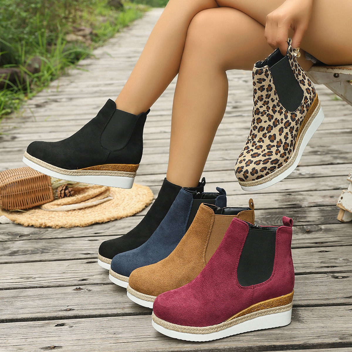 Color-block Pointed-toe Low-cut Wedge Boots