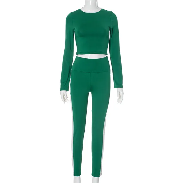 Women's Contrast Color Long Sleeves Short Top High Waist Trousers Green - Shop at LoveMi
