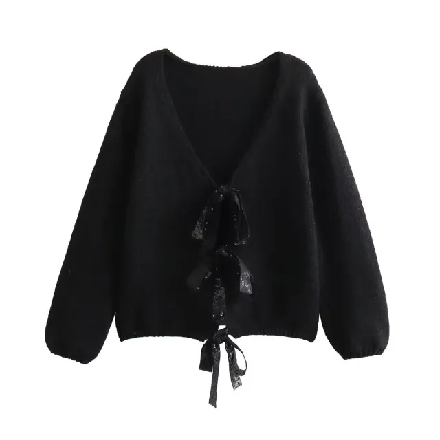 V neck Long Sleeve Sequined Bow Tie Knitted Cardigan Sweater Black - Shop at LoveMi