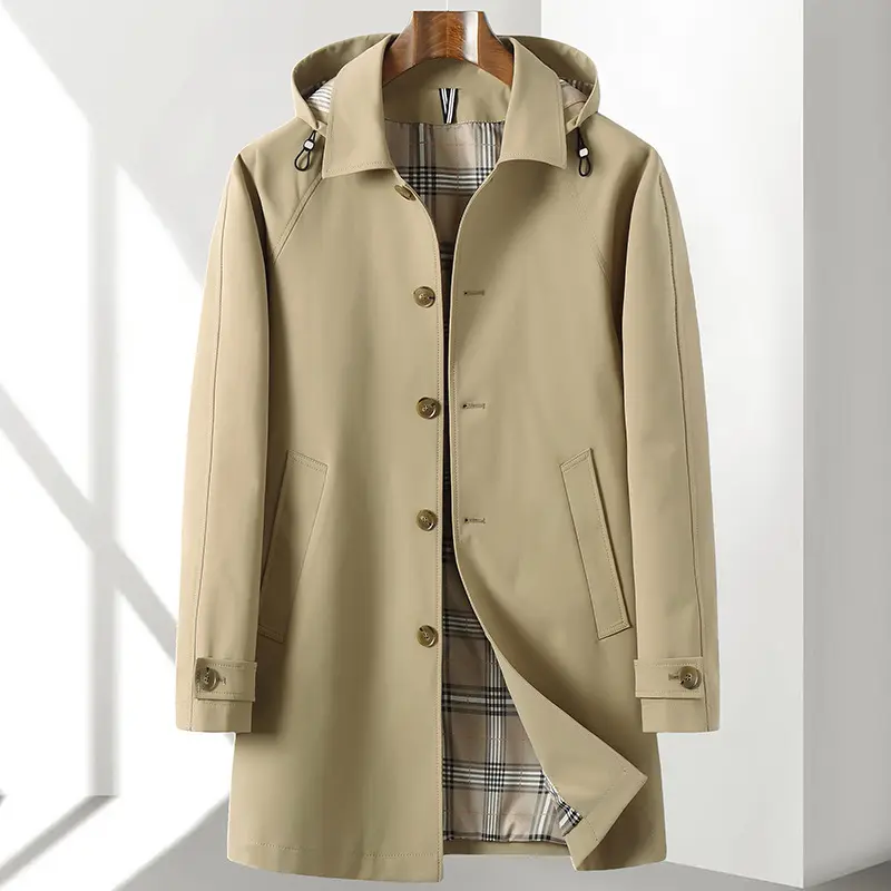 Men's Trench Coat Detachable Hat Light Luxury