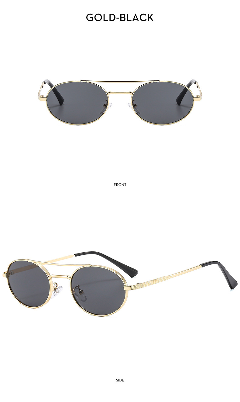 Oval metal frame sunglasses close-up of dual-beam bridge detail