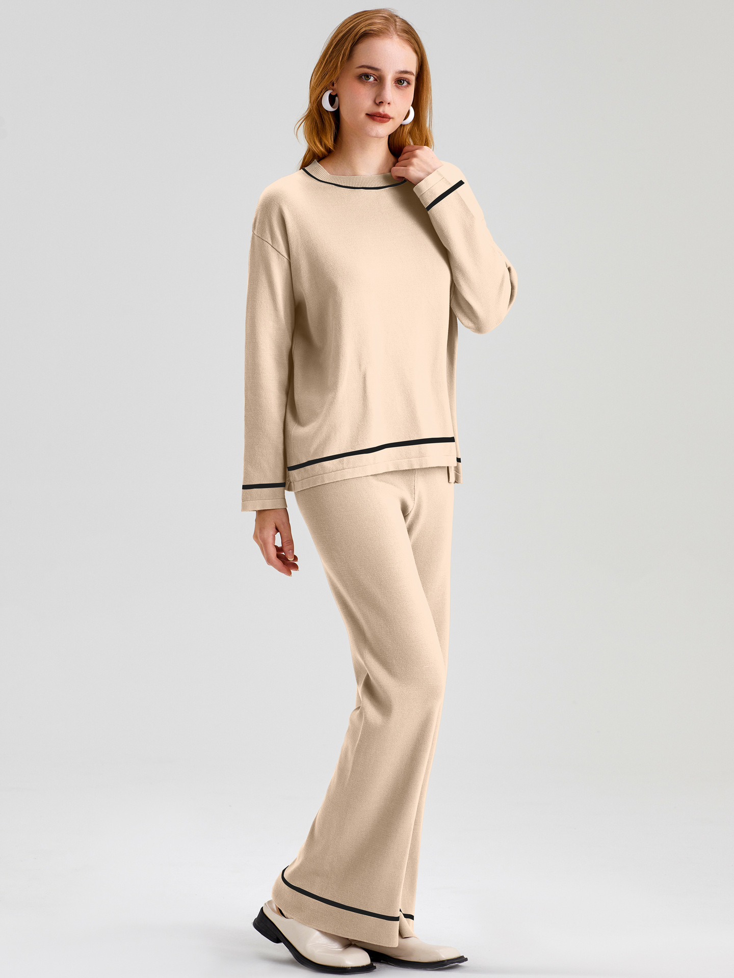 Women's Sweater Layered Round Neck Top Wide Leg Trousers