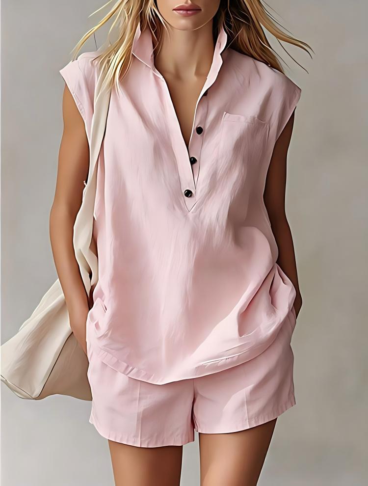 Women's Casual Sleeveless Shorts Set – Pink colorway front view