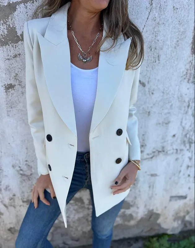 European And American Urban Women's Fashion Lapel Long Sleeve Casual Jacket White - Shop at LoveMi