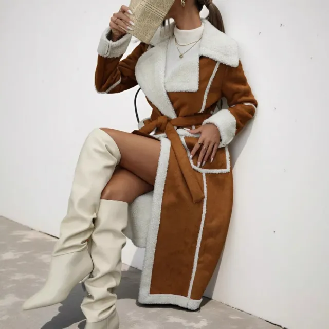 Long Lamb Wool Coat With Integrated Fur And Fleece Lining Brown - Shop at LoveMi
