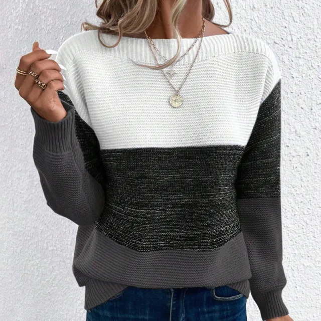 Autumn And Winter Knitted Sweater Women's Round Neck Long Sleeve Pullover Top Black And White - Shop at LoveMi