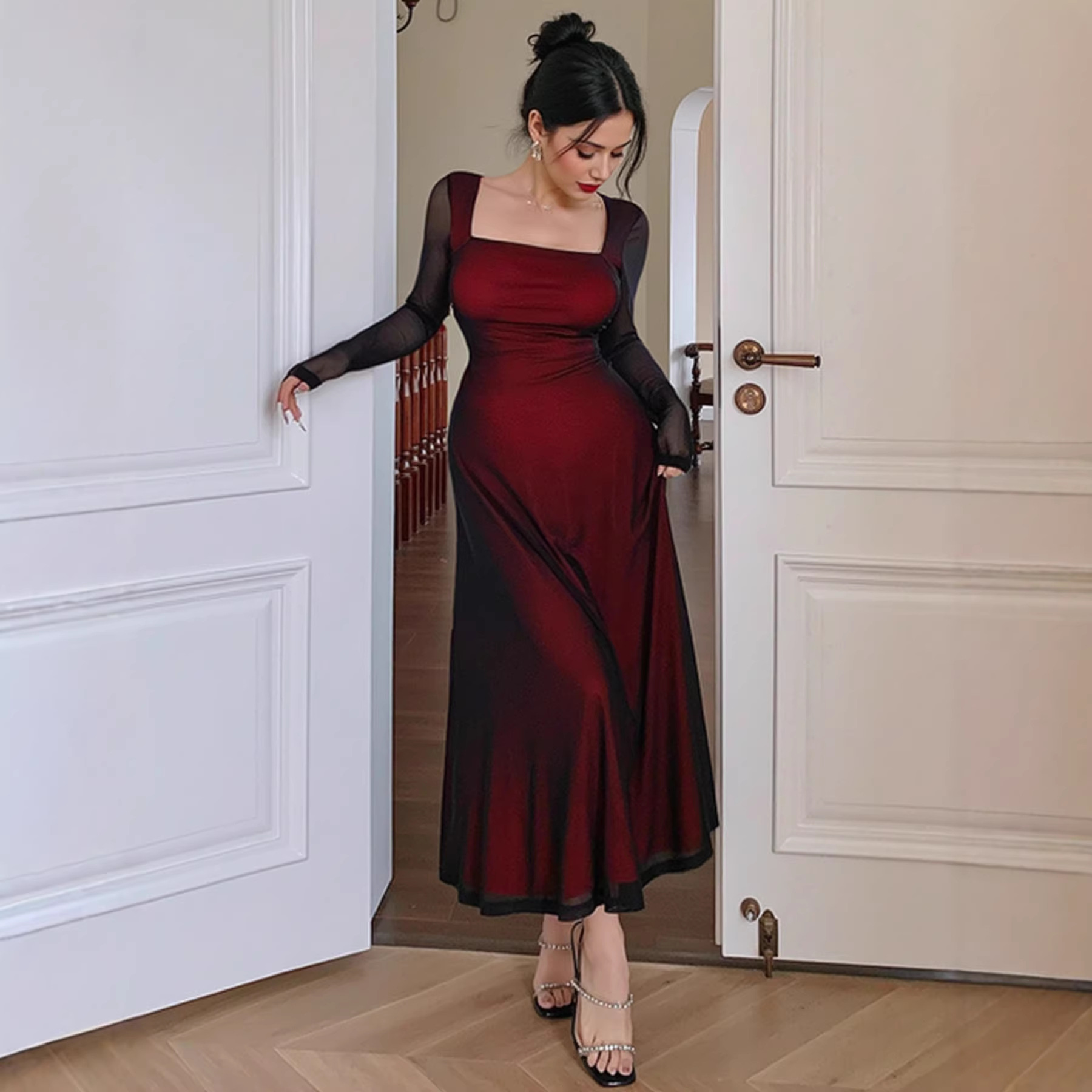 Pure And Alluring Mesh Sleeve Square Neck Elegant Sexy Slim-fit Figure-flattering Dress