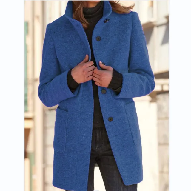 Fashion Stand Collar Woolen Coat With Pockets Fall Winter Casual Button Outwear For Women Clothing Denim Blue - Shop at LoveMi
