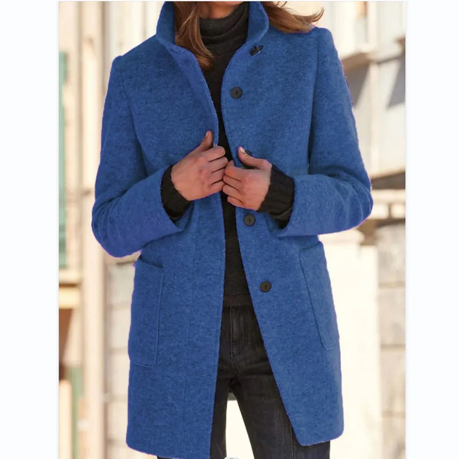 Fashion Stand Collar Woolen Coat With Pockets Fall Winter Casual Button Outwear For Women Clothing - Denim Blue