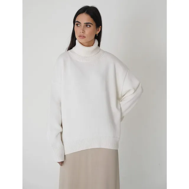 Solid Color Turtleneck Comfortable Loose Pullover Women's Sweater White - Shop at LoveMi