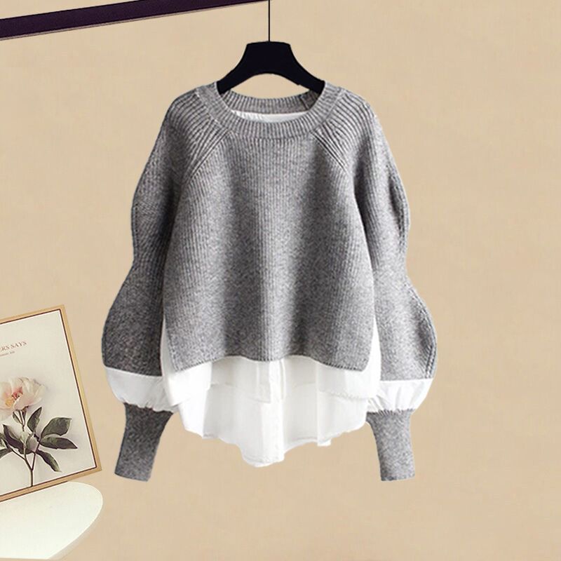Women's Casual Fashion Fake Two piece Top Slim Fit Skirt Two piece Set Gray Top - Shop at LoveMi