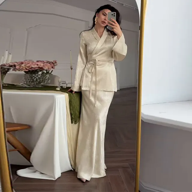Women's Lace up Long Sleeve Elegant Simple Dress Suit Apricot - Shop at LoveMi